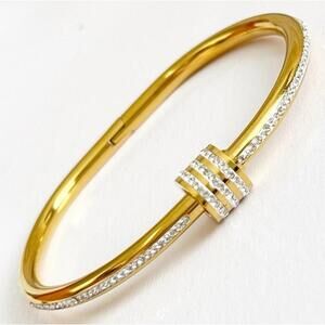 18K Gold Plated Rhinestones Bangle Stainless Steel Bracelet Womens Jewelry Gift